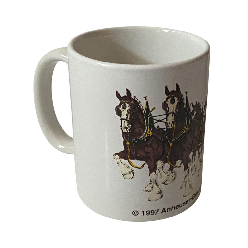 Anheuser-Busch Mug White 1997 Budweiser Clydesdale Wagon Vintage Advertising